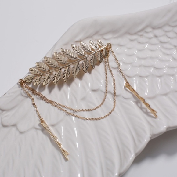 •1 Left•Intricately Designed Gold Leaf Hair Chain Accessory W Two Clip In Pins - Picture 4 of 5